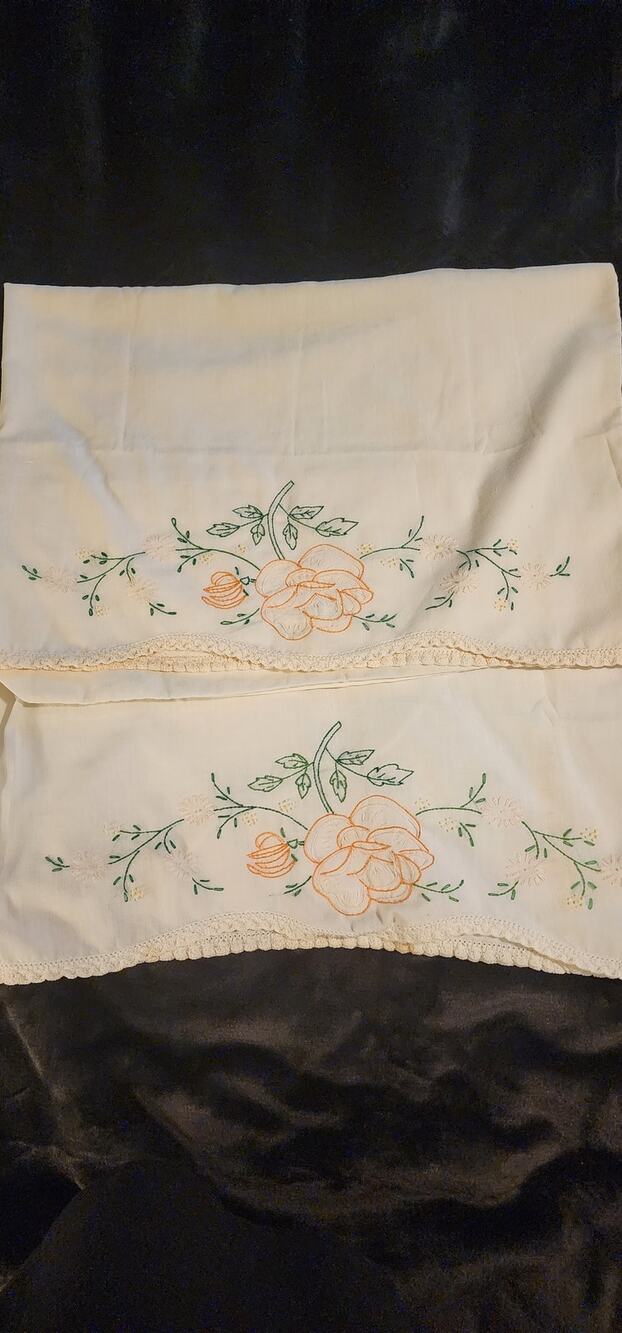 Vintage Hand Embroidered Rose Pillowcase Pair Hand Crocheted Edge Cottagecore